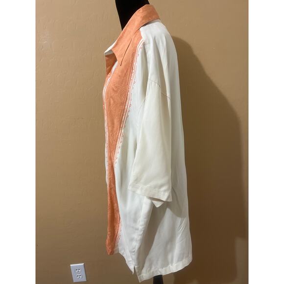 100% Silk Italian Style Orange Floral Stripe Button Shirt Resort Retro Bowling - Picture 3 of 6